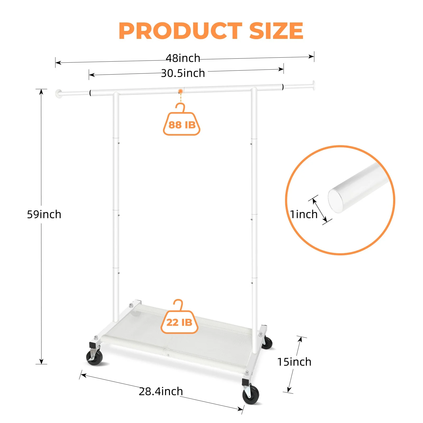 White Single Pole Storage Supplies Simple Independent Easy Assembly Metal Bearing Clothing Rack with Mesh with Wheels