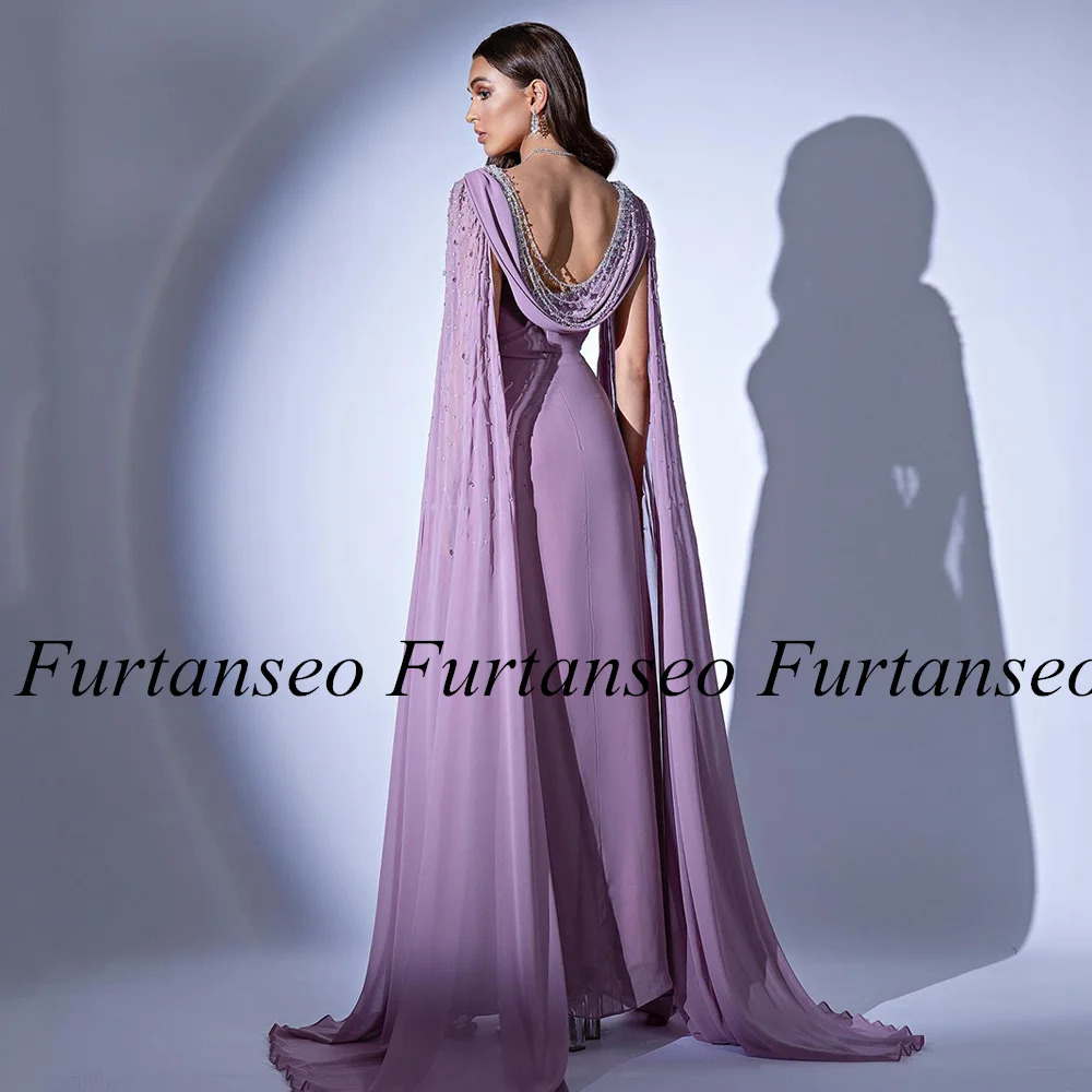 Lilac Prom Dress Saudi Evening Dresses 2024 V Neck Long Sleeve Cape Pleat Beading Sequined Floor Length Chiffon Party Gowns