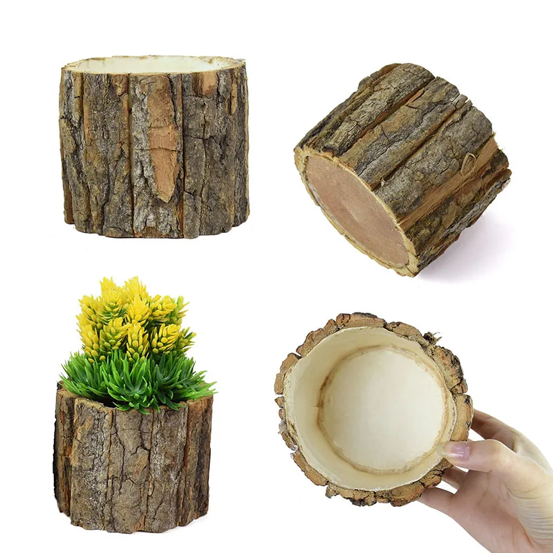 1PC Wooden Bark Bonsai Flower Pot Planter Container Farmhouse Flower Bucket Wood Log Plant Container Home Garden Decor Supplies