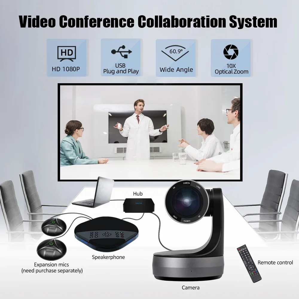 JJTS HD2500e Pro Video Conference System With 10x Ptz Camera, Speakerphone And Mics Ptz Video Conferencing Camera