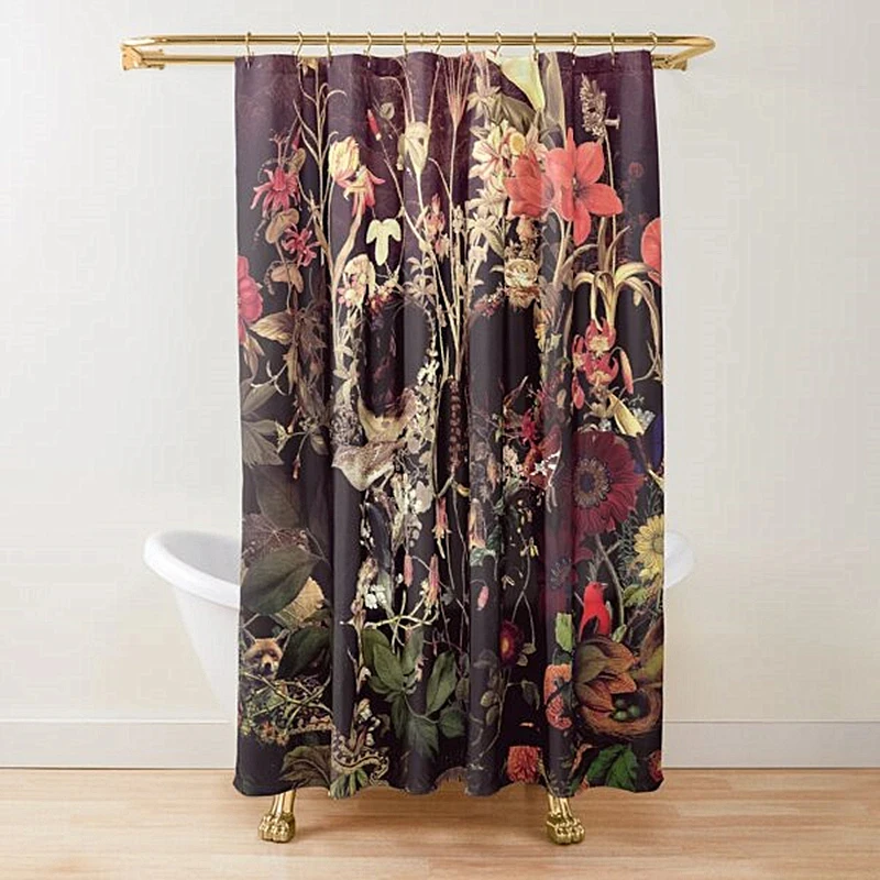 Skull Shower Curtain,bloom Flower and Skull Floral Design Skeletons All Saints Day Halloween Fabric Bathroom Decor Set with Hook