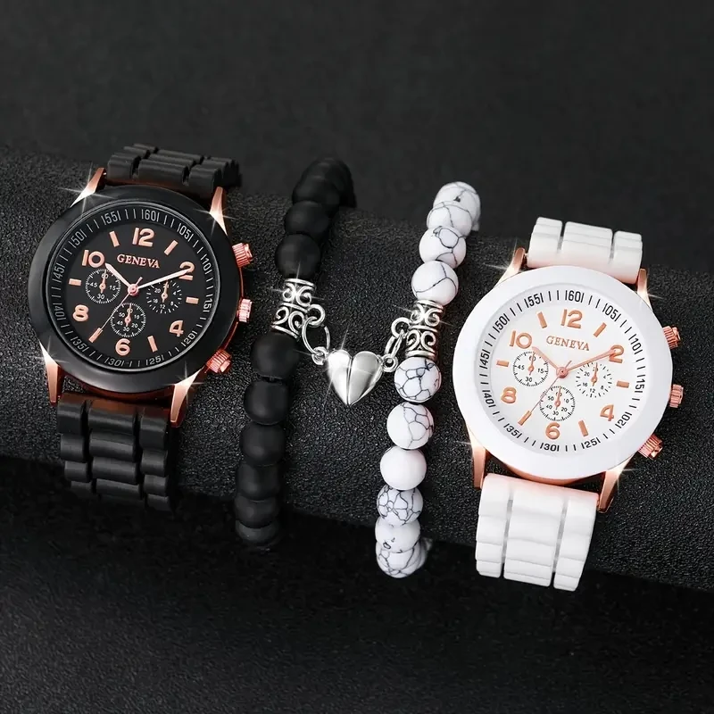 

Geneva silicone watch White pine black matte beaded love magnet couple bracelet set