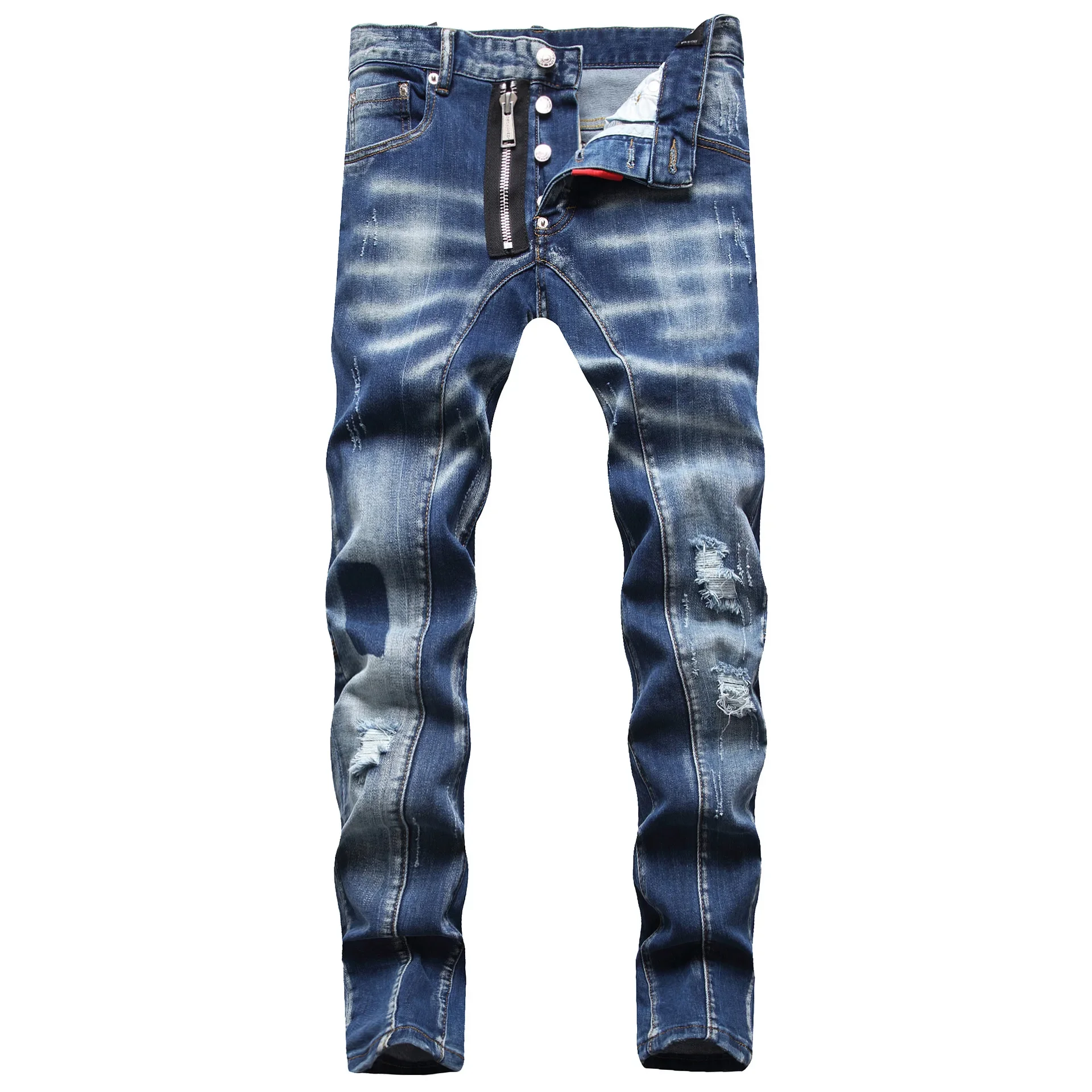 2024 Jeans strappati da uomo marchio di lusso fori azzurri Jeans lunghi qualità Street Fashion maschile Stretch pantaloni Skinny abbigliamento uomo