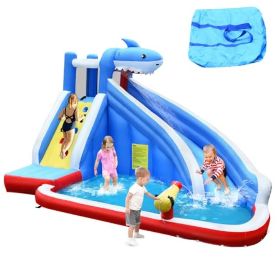 

Inflatable Water Slide Shark with Long Slide Climbing Wall Splashing Pool Outdoor Blow up Water Slides for Backyard Family Fun