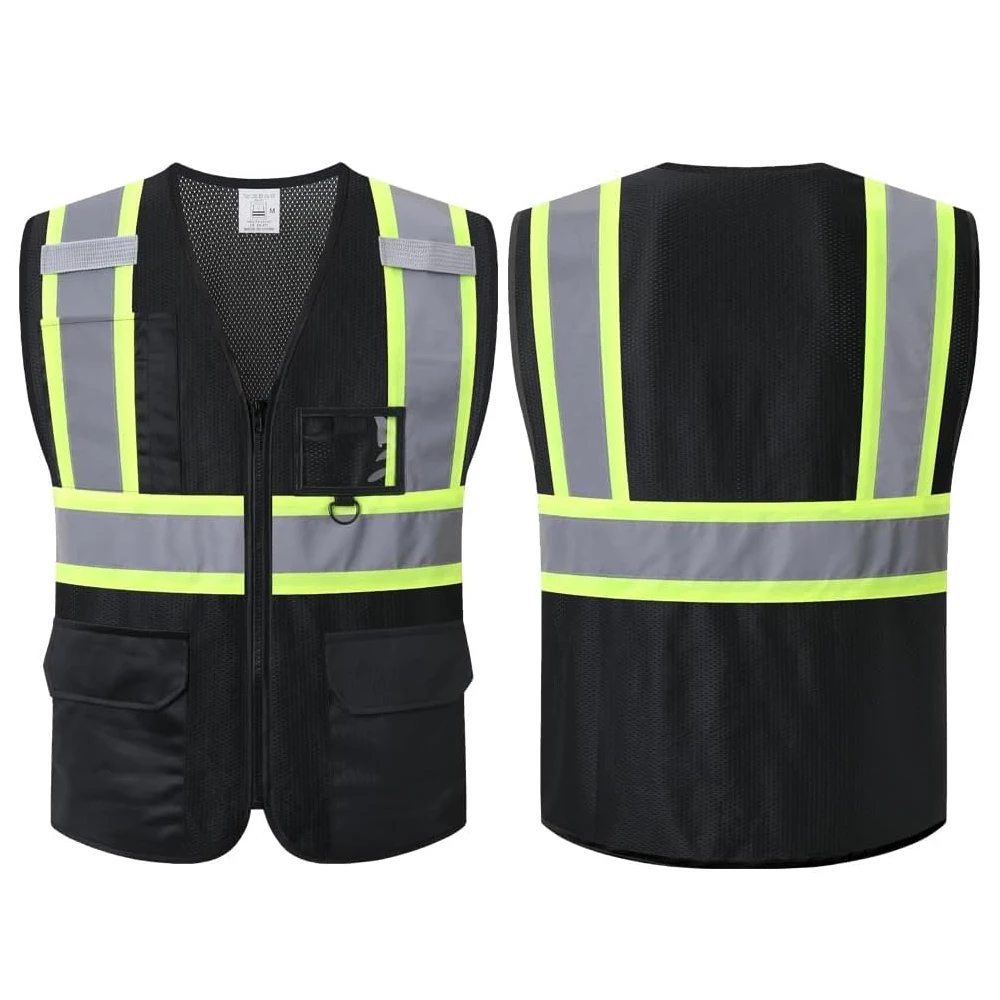 

Black Hi Vis Vest Working Clothes with 8 Pockets Customized Company Logo and Text Vest for Men Women Workwear