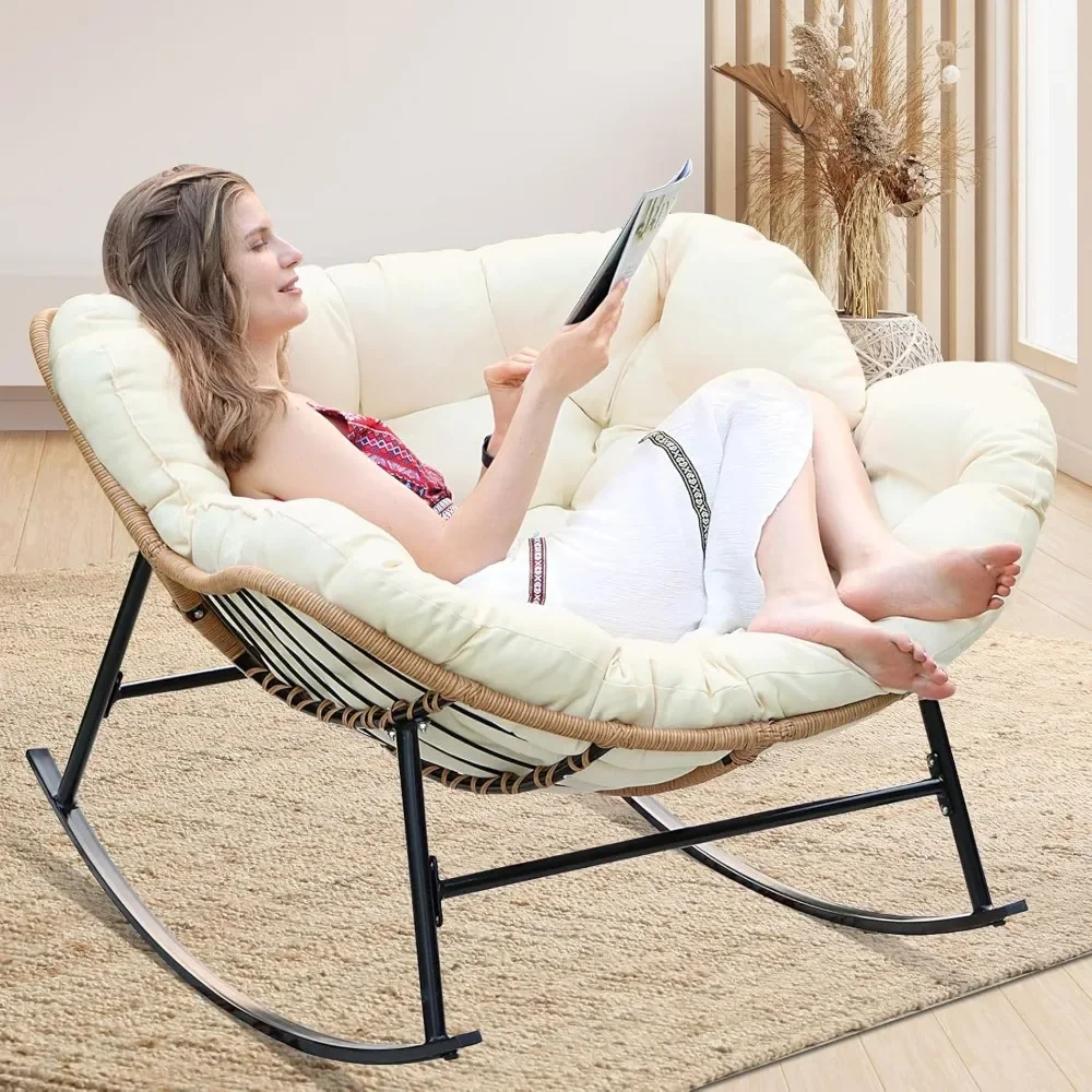 كرسي هزاز باباسان داخلي خارجي، كرسي هزاز كبير الحجم 450 رطل من الخيزران الروطان باباسان مع وسادة، صالة الفناء #3