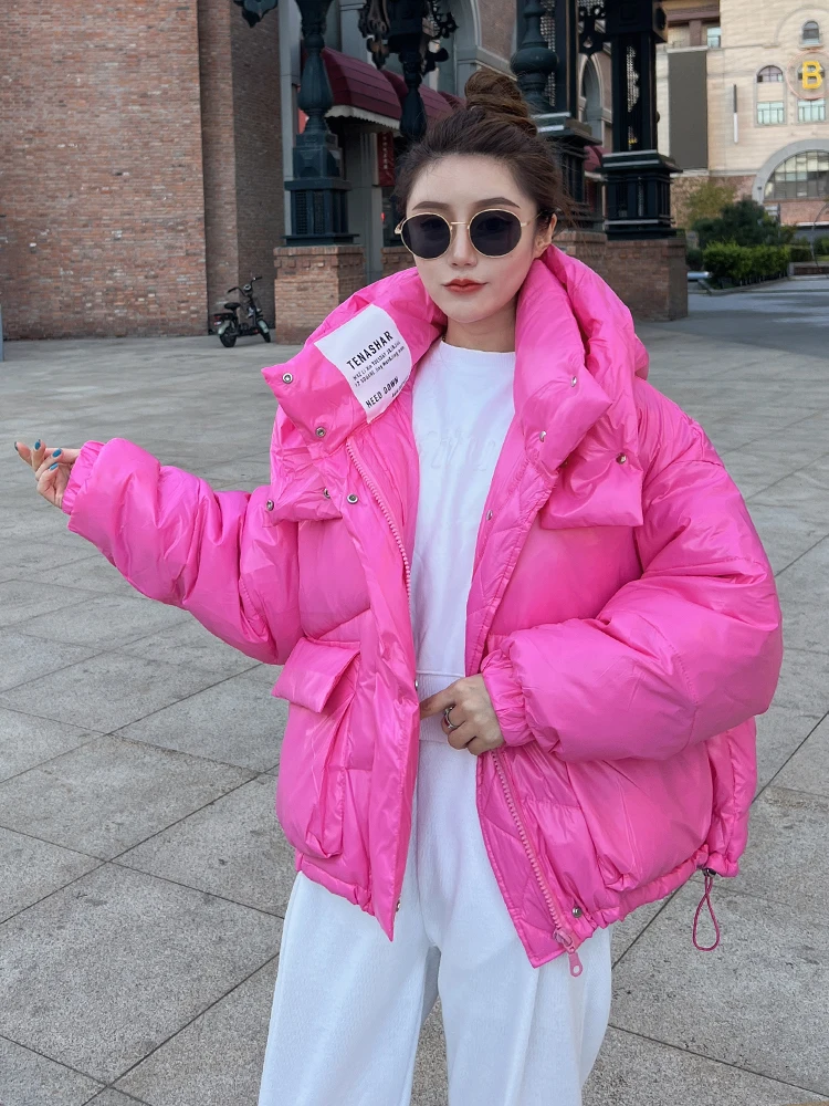 Parkas curtas femininas com capuz, Jaqueta Bomber Puffer, Casacos acolchoados de algodão quente, Casacos elegantes, Streetwear extragrande, Inverno,