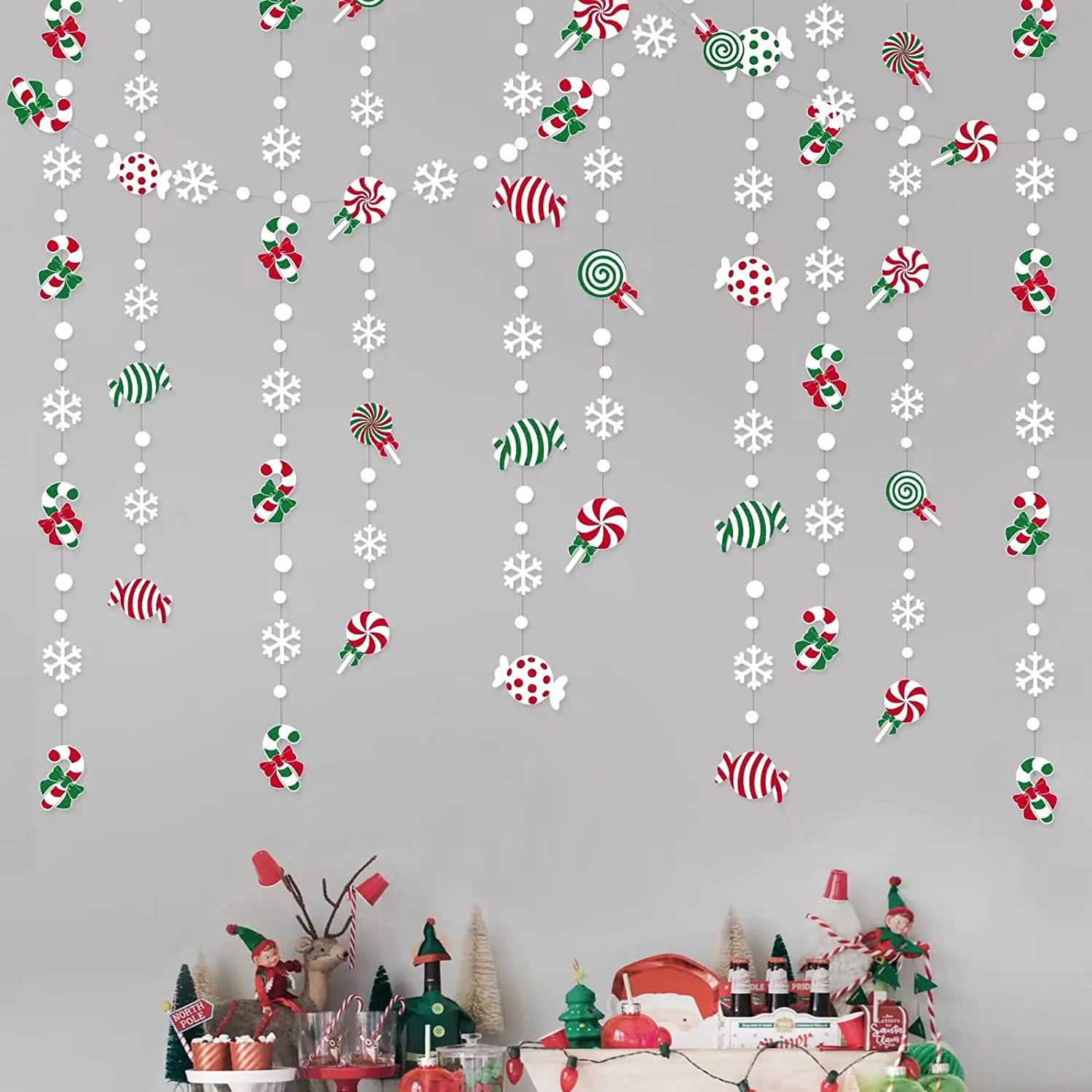 Red Green Candy Cane Lollipop White Snowflake Dot Paper Garland Christmas Candyland Birthday Decorations for Home 2023 New Year