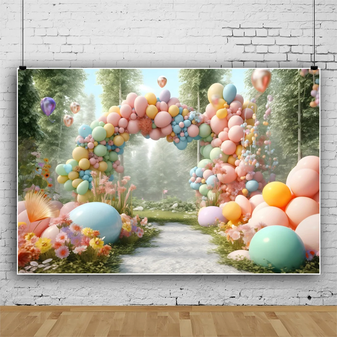 خلفية عيد ميلاد الطفل الأول للتصوير الفوتوغرافي ، البالون الملون ، الباب المقوس ، الفراشة ، قلعة الحلوى ، لافتة تزيين الحفلات المخصصة