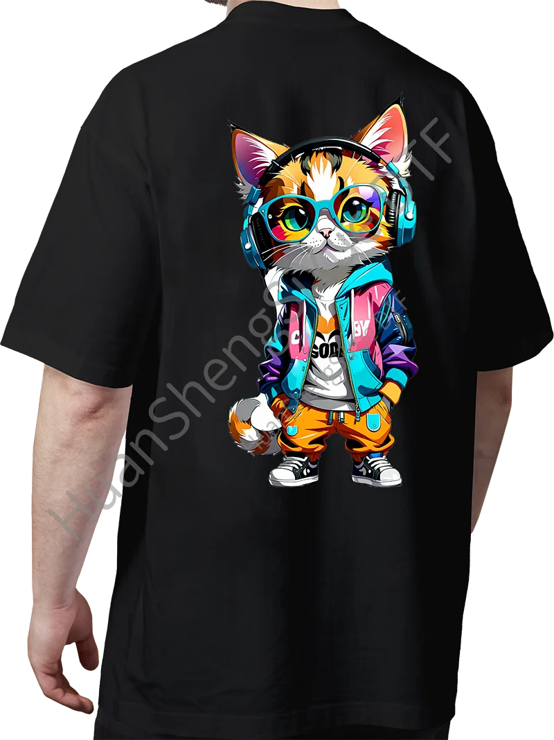 Painted DJ Cartoon Cat Ironing Sticker Clothes DTF Fashion T-shirt Hoodie DIY Jacket Patch Hot paste