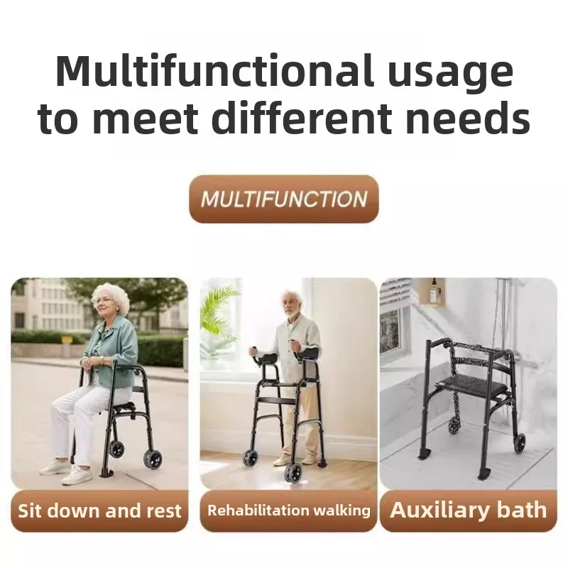 Stand Upright Walkers with Seat for Seniors Elderly Foldable Double Arm Walker Aid Walking Rehabilitation Equipment Crutch Chair