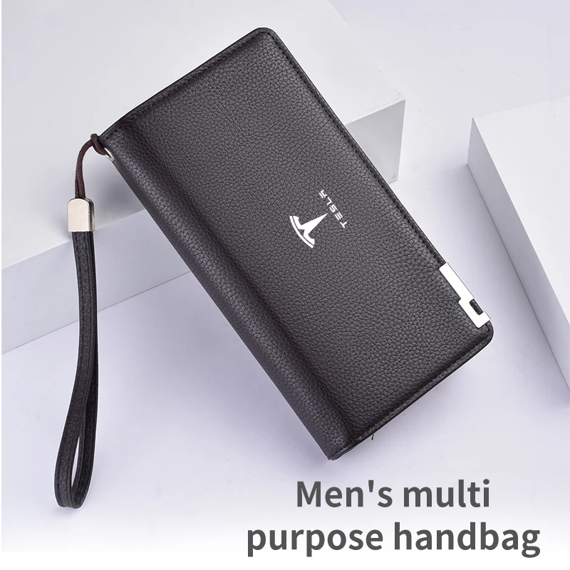 Men\'s Long Litchi Print Wallet Multi-function Card Bag Coin Purse Gift For Tesla Model 3 Model S Model X Model Y Roadster