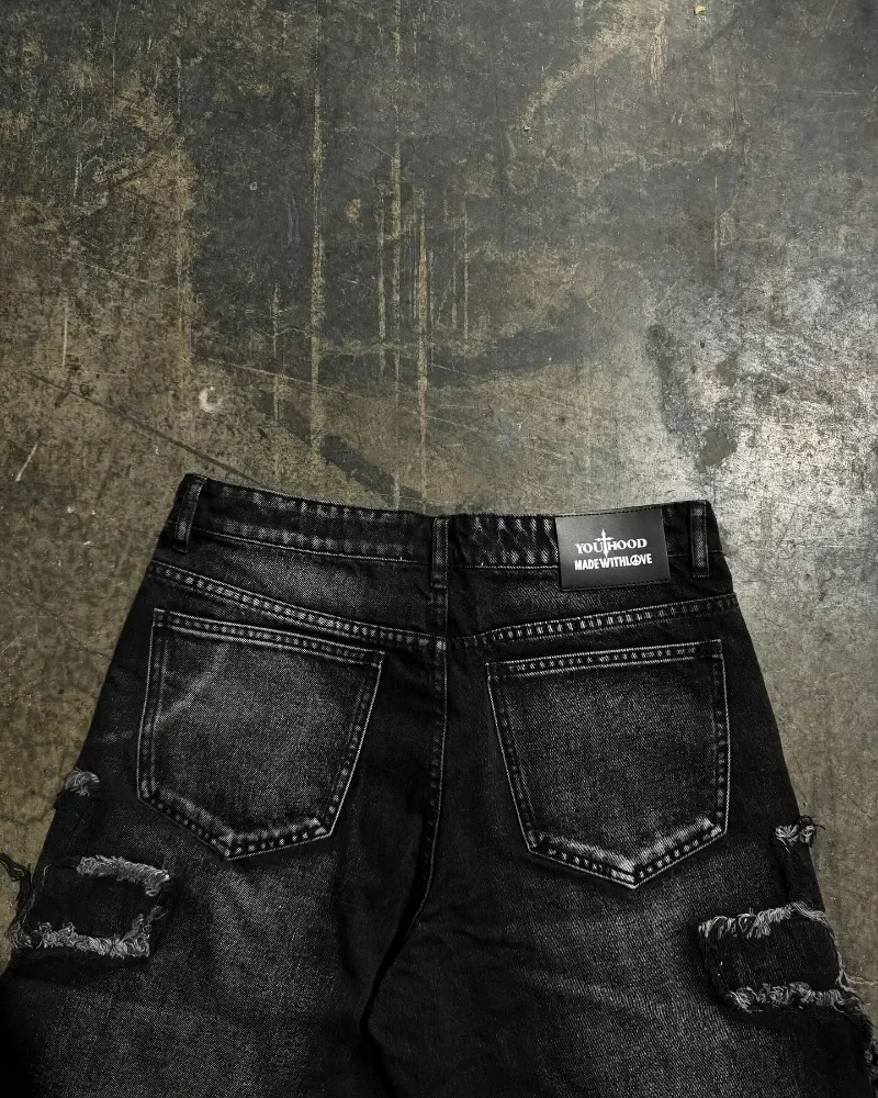 Hochwertige übergroße y2k Denim Cross Raw Edge Stickerei Design Shorts Herren Sommer Street Hip Hop Distressed gewaschene Jogging hose