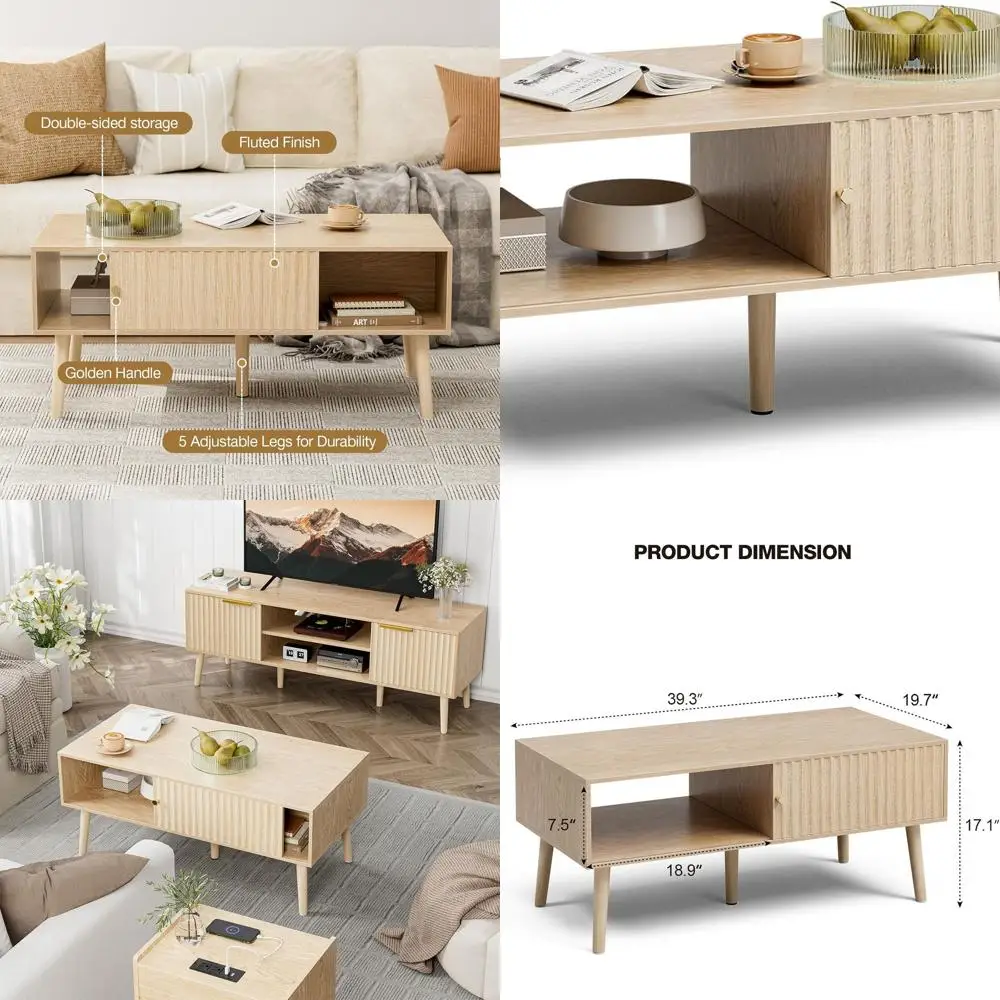 

Bohemian Style Dining Table with Sliding Doors and Oak Legs, Storage Coffee Table for Living Spaces