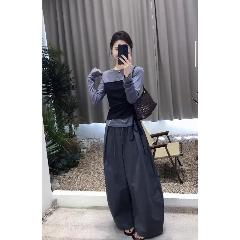 

A Whole Set of Autumn Clothes A Neat Elegant and High-class Korean-style Gray Fake Two-piece T-shirt with Matching Pants