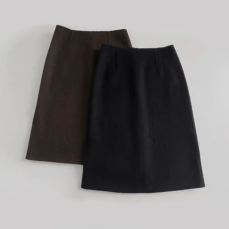 Autumn and Winter Warm Wool Thick Side Slit Solid Color Casual Double-sided Tweed Half-body Skirt