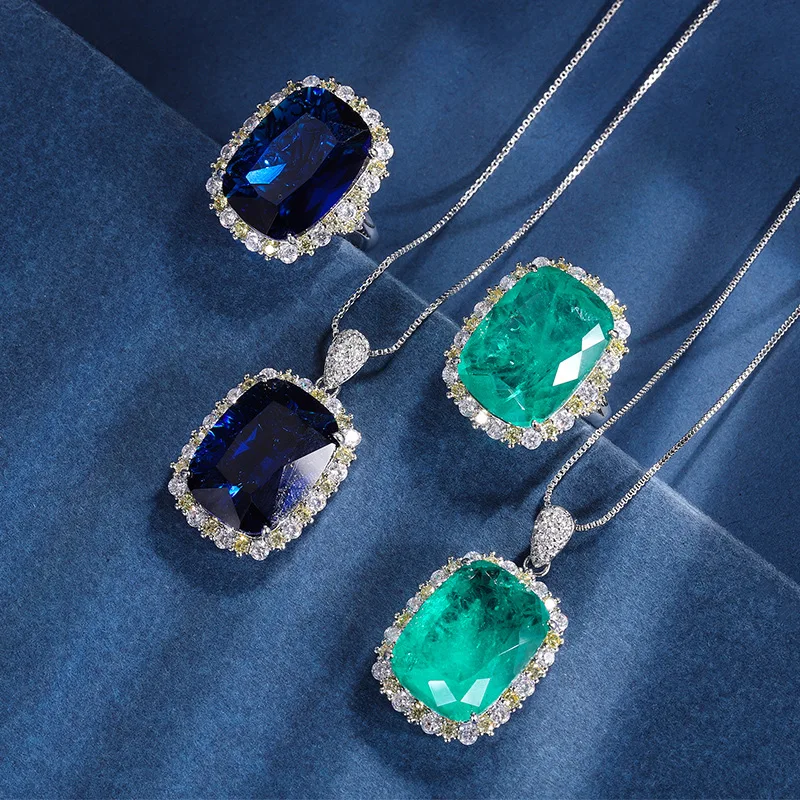 

Jewelry Gold Plated Blue Treasure Grandmother Green Fat Rectangular Light Luxury Texture Suit 15*20