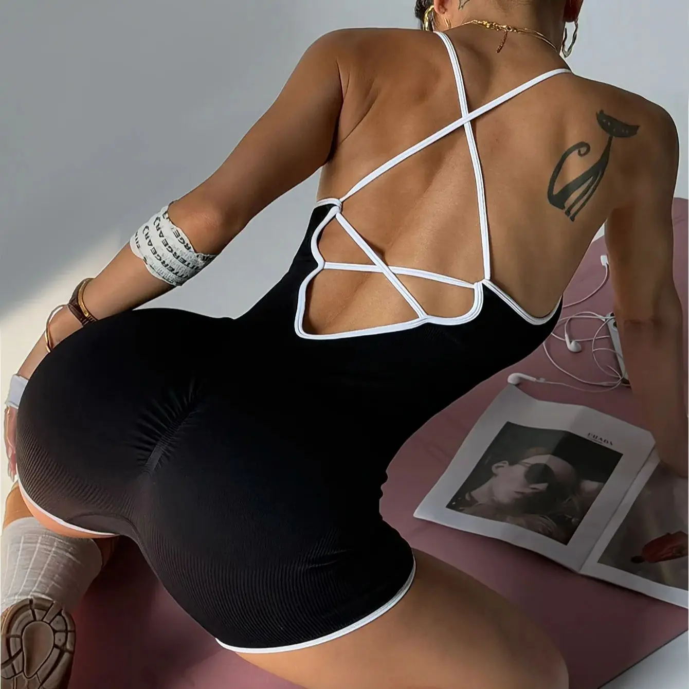 Women White Line Jumpsuits Shorts Backless Striped Workout Yoga Pants Leggins Scrunch Sports Fitness Athletic Tights  Rompers