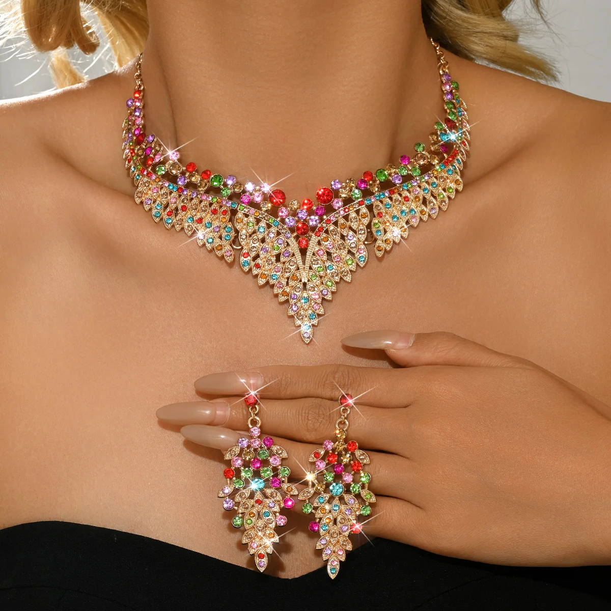 Damen Mehrfarbiges Diamant-Extravagantes Halsketten- und Ohrring-Set (2-teilig) für Bankett, Ball und Partykleid mit Accessoires – Detail 3