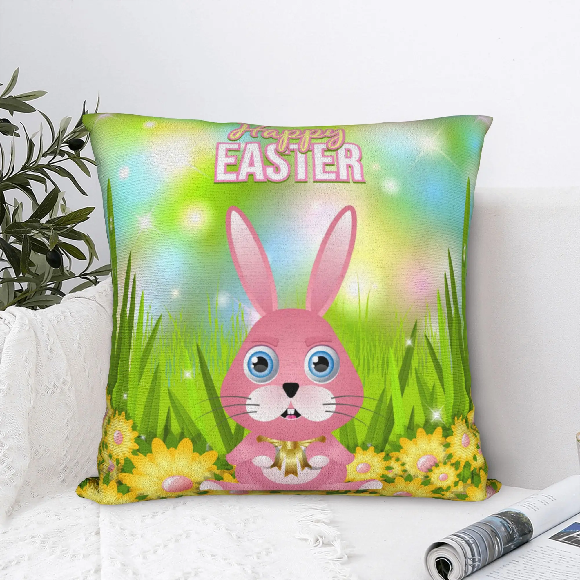 Colorful Easter Card with Bunny Pillow Case  Graphic Pillow Cover Morden Pillowcases For Sofa Car Home Decor