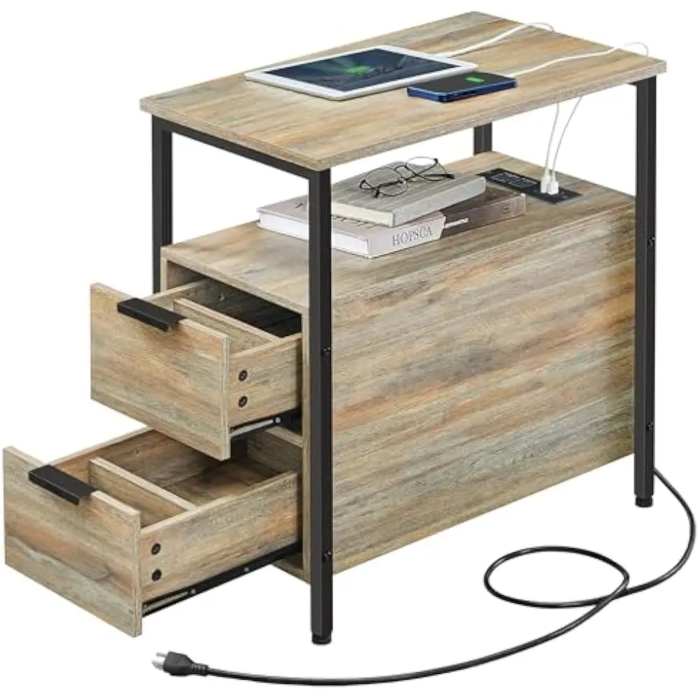 

Side Table w/Charging Station Set of 2, Narrow End Tables w/2 Drawers, Slim Nightstand and Bedside Table with Storage