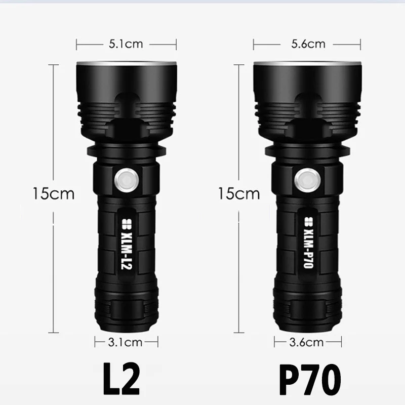 매우 밝은 고출력 LED 손전등, P70 USB 충전식 손전등, 방수 조명, 26650 배터리 손전등, 캠핑 조명