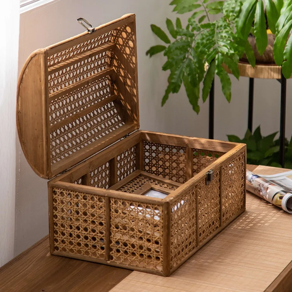 Chinese Style Old Rattan Wind Desktop Storage Basket Cosmetic Box Plastic Snack Sundries Organizer with Handle for Home Decor