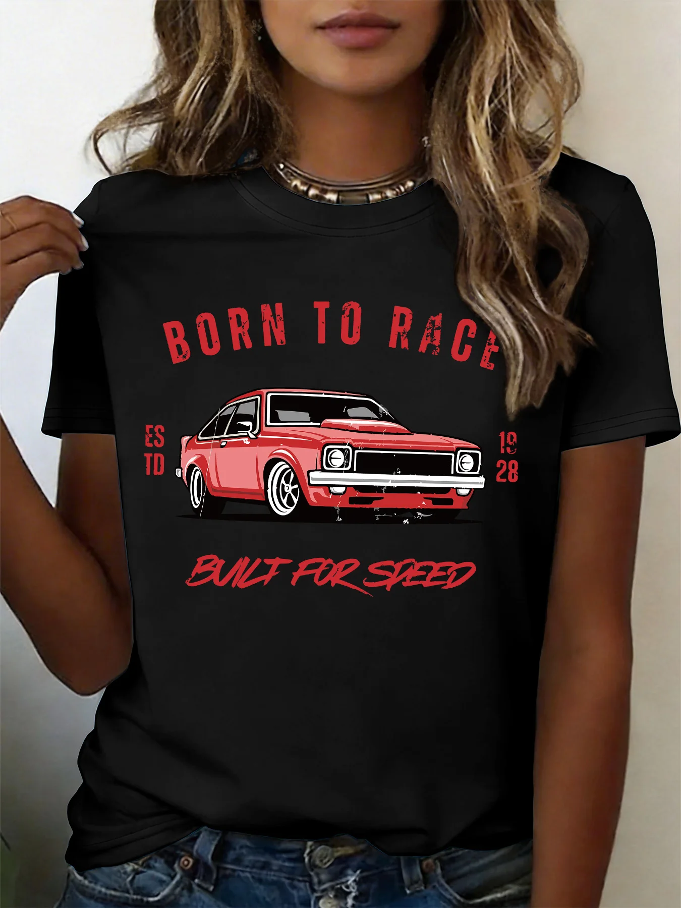 Women Crew Neck Tee Born To Race Retro Race Car Graphic Print Short Sleeve Loose Ladies Summer Cotton Plus Size Casual Top