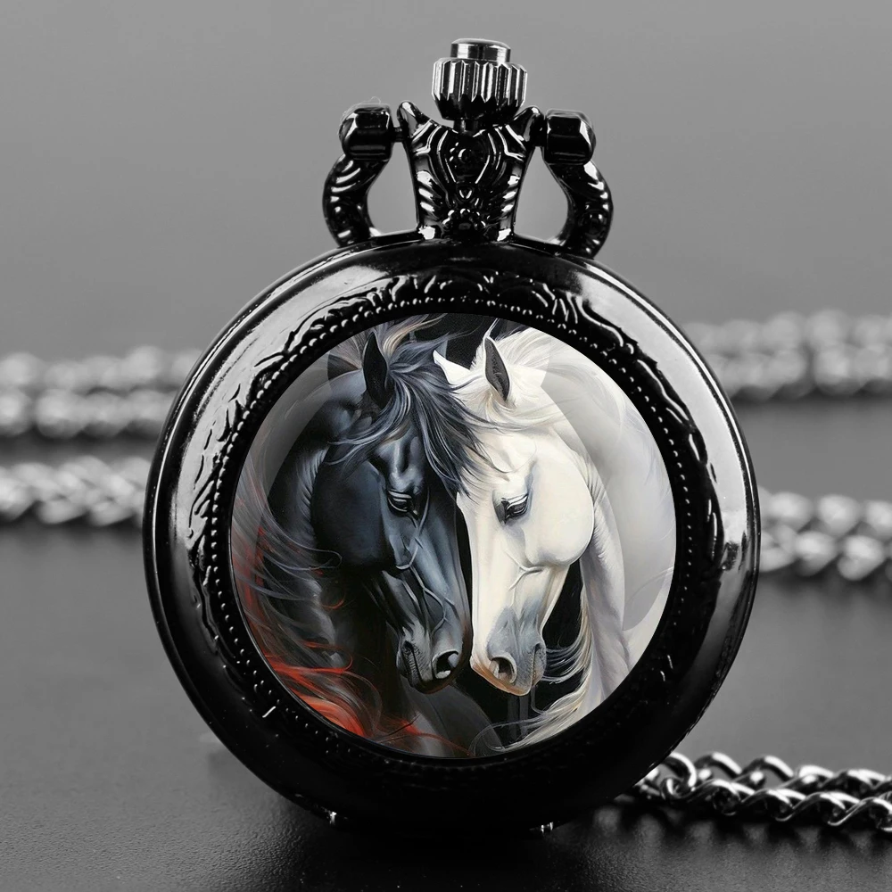 Delicate Gifts Quartz Pocket Watch Black and White Horse Design Glass Dome Necklace Pendant Clock for Mens Womens