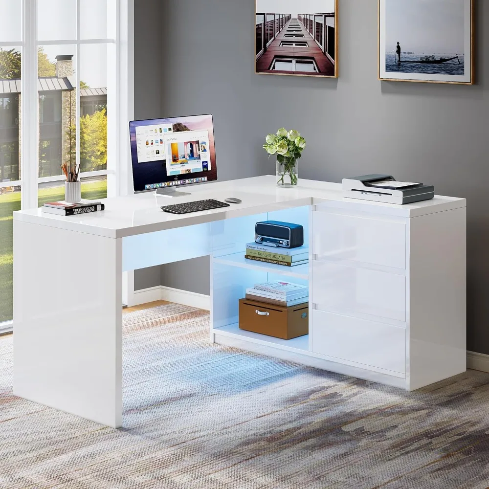

White L-shaped computer desk with 3 drawers, 55 inch modern glossy corner home office executive desk with LED lights