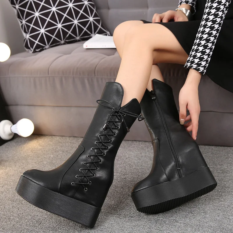 Fujin 10cm skóra z mikrofibry buty na koturnie jesienne buty pluszowa buty do kolan kobieta pluszowa nowoczesna moda zimowa na ukrytym obcasie