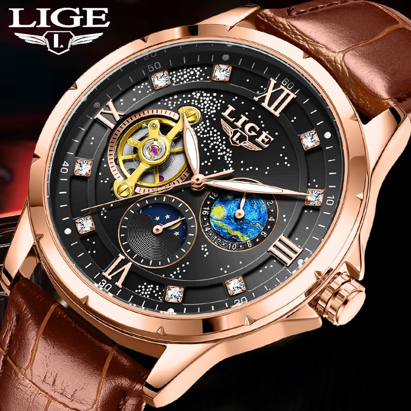 

LIGE Fashion Retro Men Watch Brown Leather Automatic Mechanical Watches For Men Casual Waterproof Luminous Moon Phase Watch Men