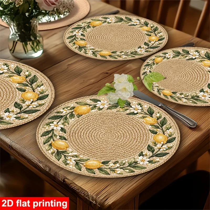 4pcs 2D Printed Placemats Faux Rattan Lemon Blossom Circle Polyester Table Mats, for home Decor, Wedding, Anniversary,