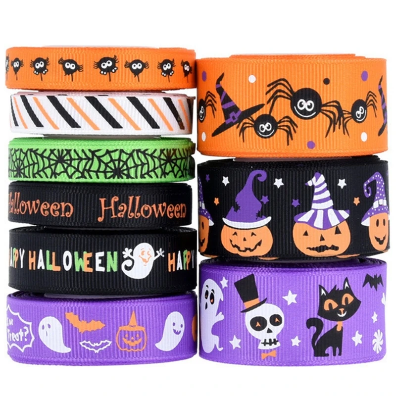 Ribbon For Halloween Gift Wrapping Spide&Witch Hat&Pumpkins&Spide Web Skull Bat Multi-Color Ribbon For Halloween