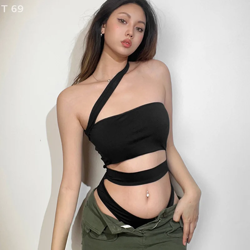 Women's Hollow Out Niche Design Sexy Jumpsuit European Style Spicy Girls Wear Cross Shoulder Hanging Neck Deconstruction Top