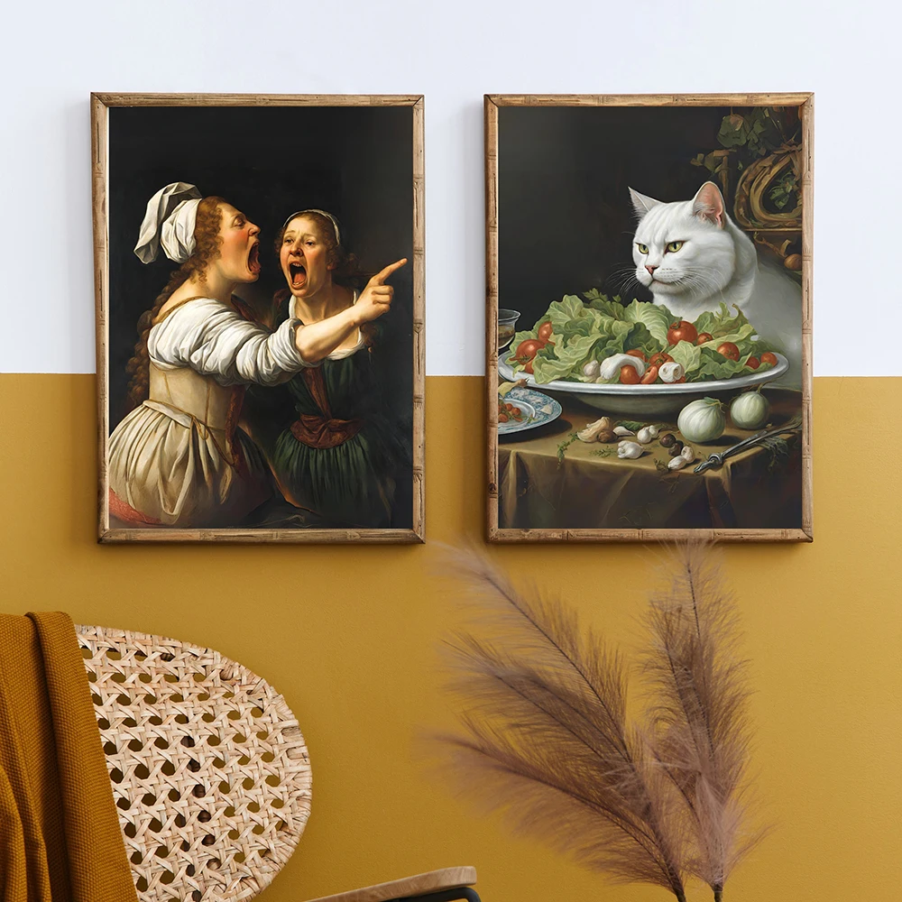 Woman Yelling At Cat Meme Renaissance Style Posters and Prints Funny Home Art Decor White Cat Wall Pictures Cuadros Decorativos