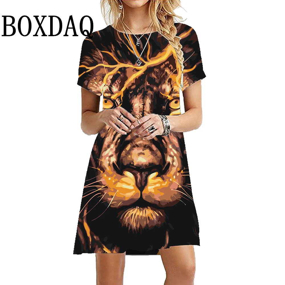 Women Flame Animal Lion 3D Print Dress Summer Fashion Hop Hop Short Sleeve Casual O-Neck Pullover Ladies Oversize Female Clothes