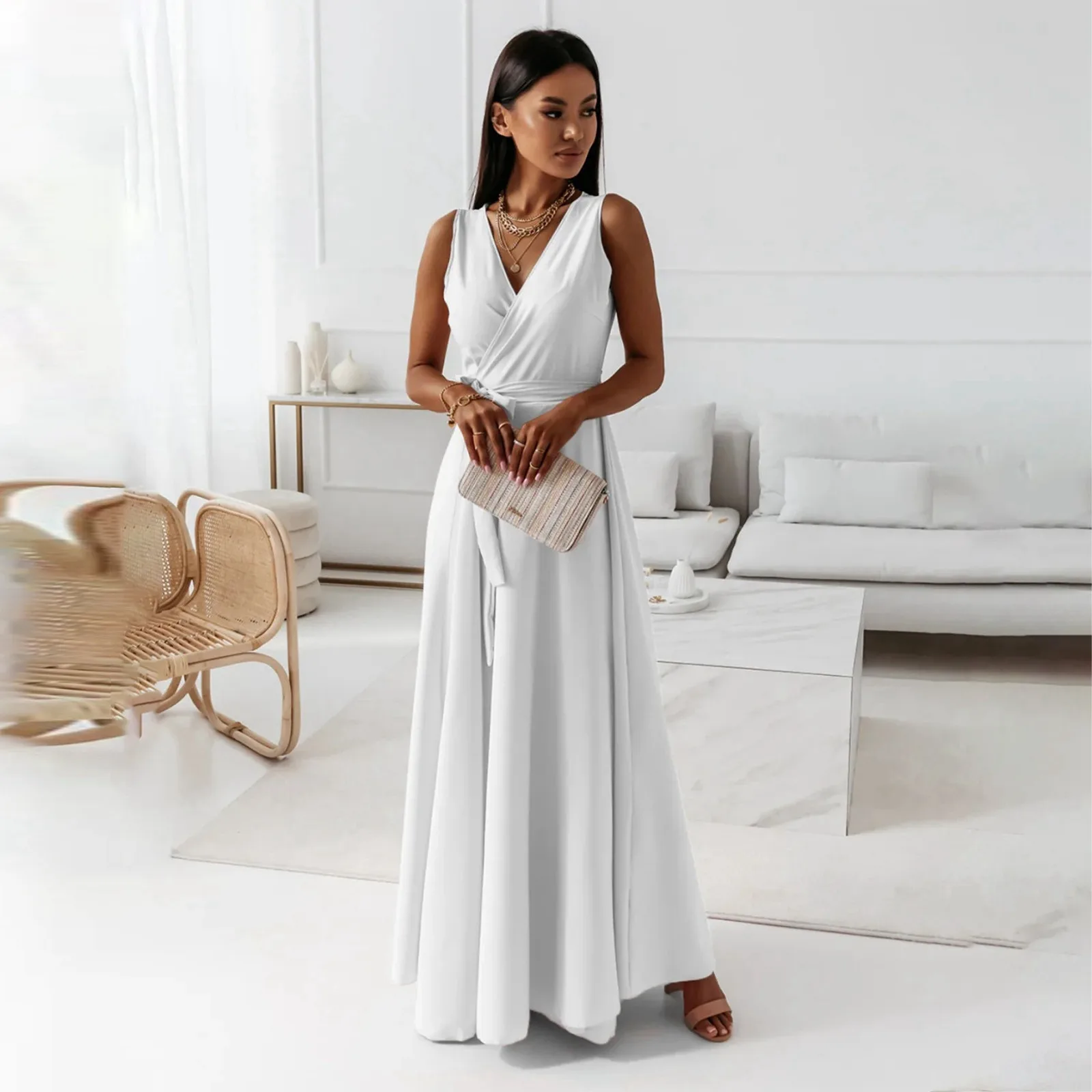 Elegant Party Dresses For Women 2024 Solid Color V Neck Sleeveless Swing Maxi Long Dress Cocktail Party Evening Dress