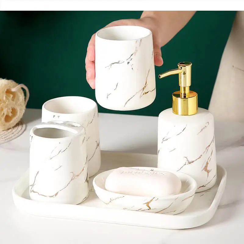 Marbling Ceramic Bathroom with Tray Mouth Cup Wash Supplies Lotion Bottle Toothbrush Holder Soap Dish