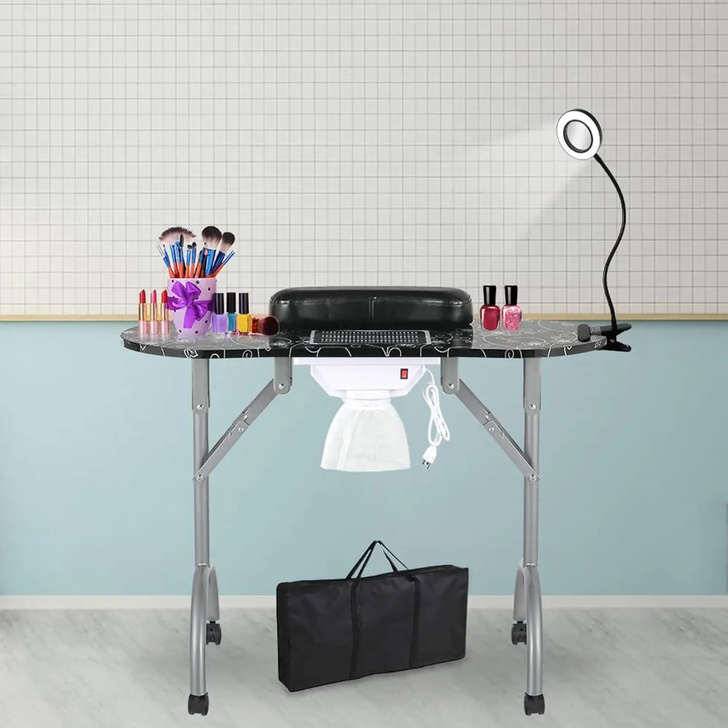 

Professional 35 L Portable Foldable Manicure Table Nail Technician Desk Workstation Salon Spa with Magnifier USB LED Lamp Fan