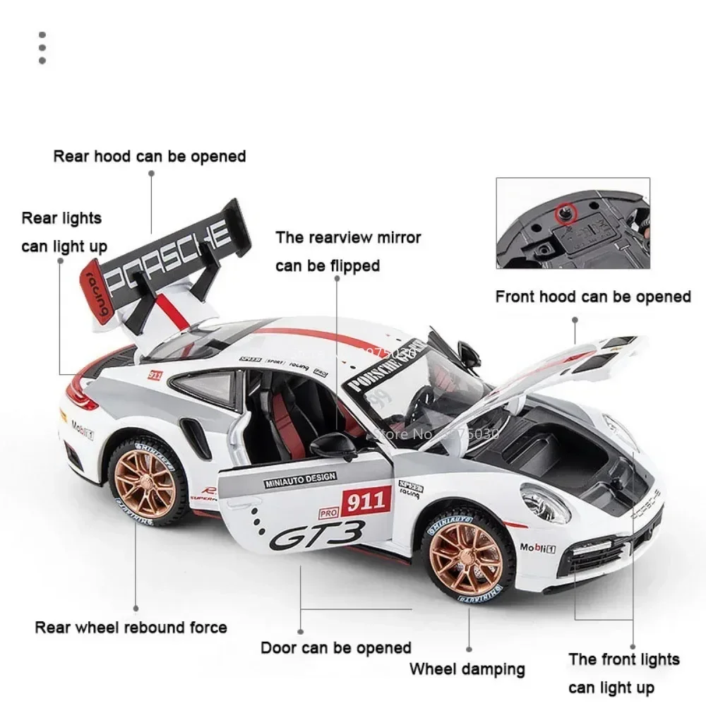 รถของเล่นจำลองรุ่น 1:24 911 GT3 RSR Turbo S รถสปอร์ต ของเล่นโลหะผสมแบบหล่อขึ้นรูป มีเสียง มีไฟ แบบดึงหลัง รถของเล่นขนาดเล็กสำหรับนักสะสม