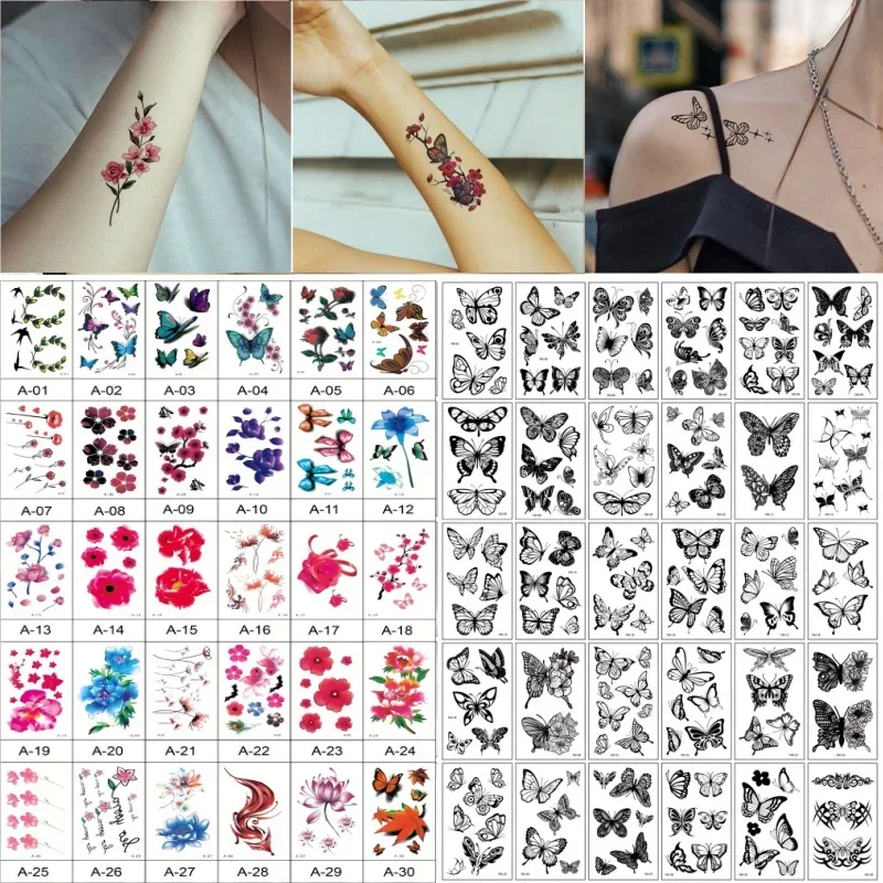 60pcs/pack Party Decor Flower Butterfly Tattoo Sticker Swallow Fox 3D Fallen Leaves for Women Girls Decor Clavicle Belly Summer