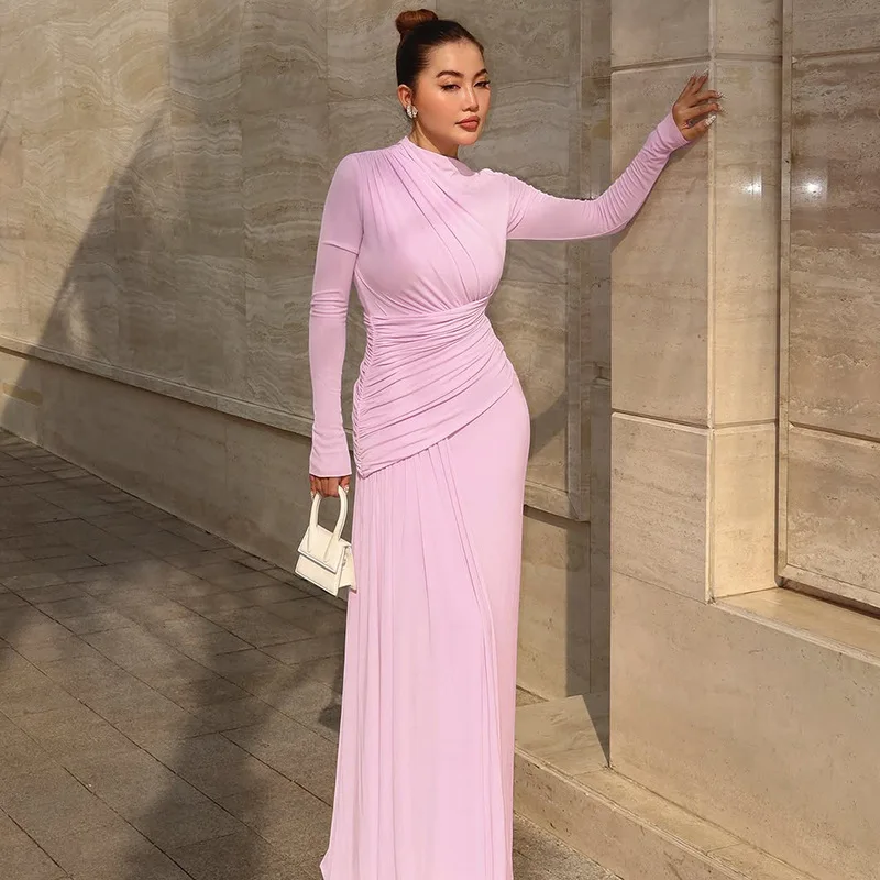 Elegante roze onregelmatig geplooide maxi jurk dames O-hals lange mouw gerimpelde bodycon lange jurk 2026 dames club avondfeest jurken