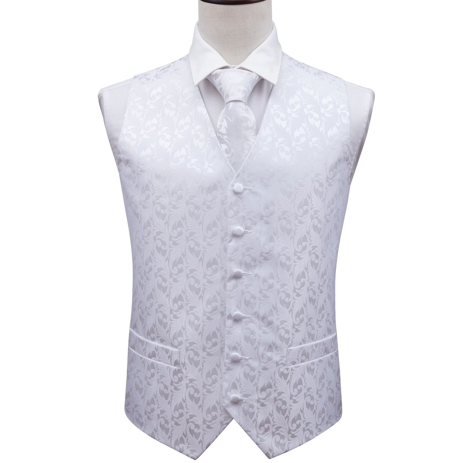 Barry.Wang Mens Classic White Floral Jacquard gilet di seta gilet fazzoletto Party Wedding Tie Vest Suit Pocket Square Set