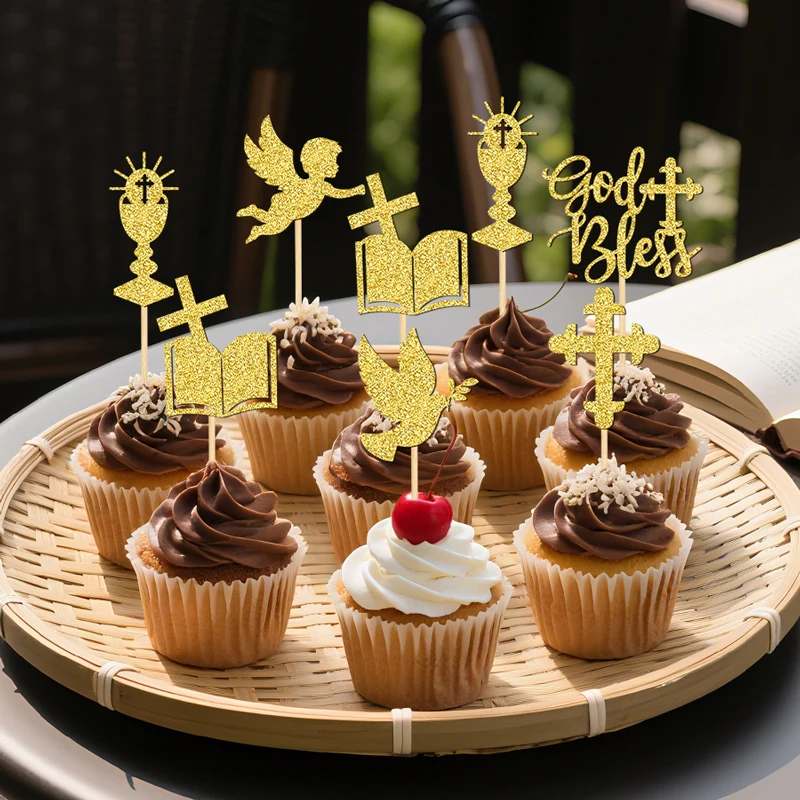 NUBECOM 24 Stück Göttliche Cupcake-Dekoration, glitzernde Segens-Design-Kuchenaufsätze für Taufe, Dekor, Taube, Engel, Kelch, Bibel, Kreuz – Detail 1