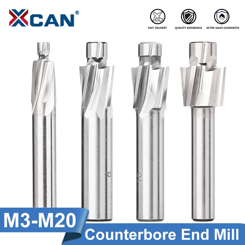 XCAN Milling Cutter 1pc 4 Flute HSS Counterbore End Mill M3.2-M20 Pilot Slotting Bit for Metal Drilling Counterbore Mill