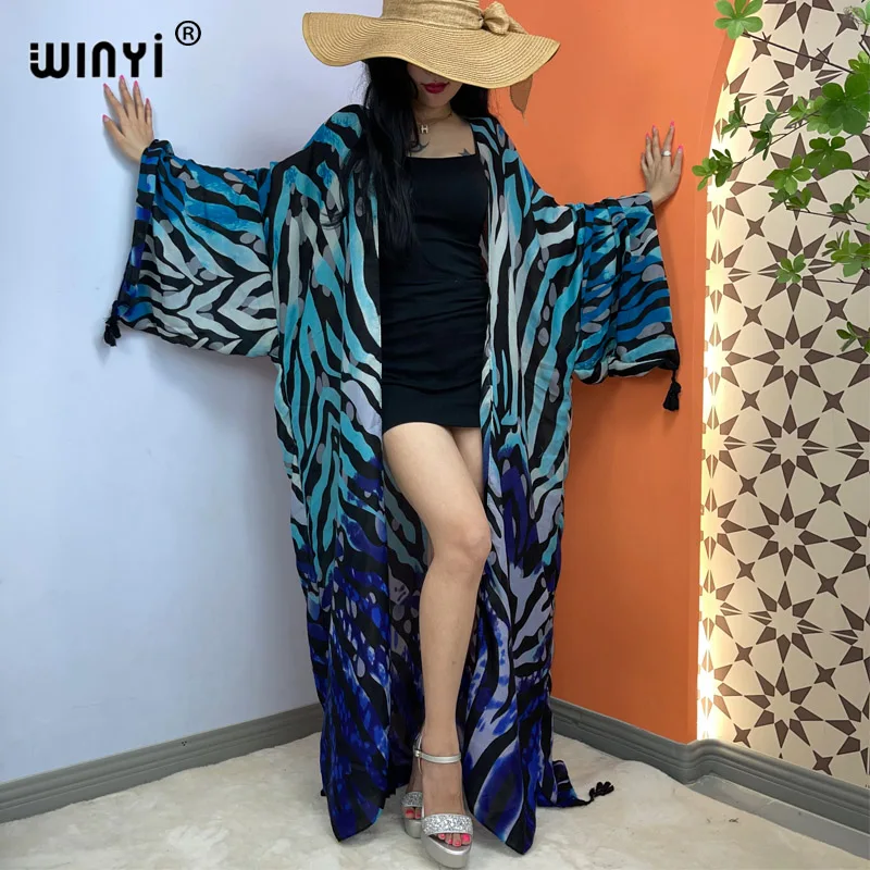 WINYI kobiety dorywczo afrykańskie frędzle Kaftan Gradient długi rękaw z nadrukiem plaża Boho długi sweter Cover-up letnie Kimono sukienka