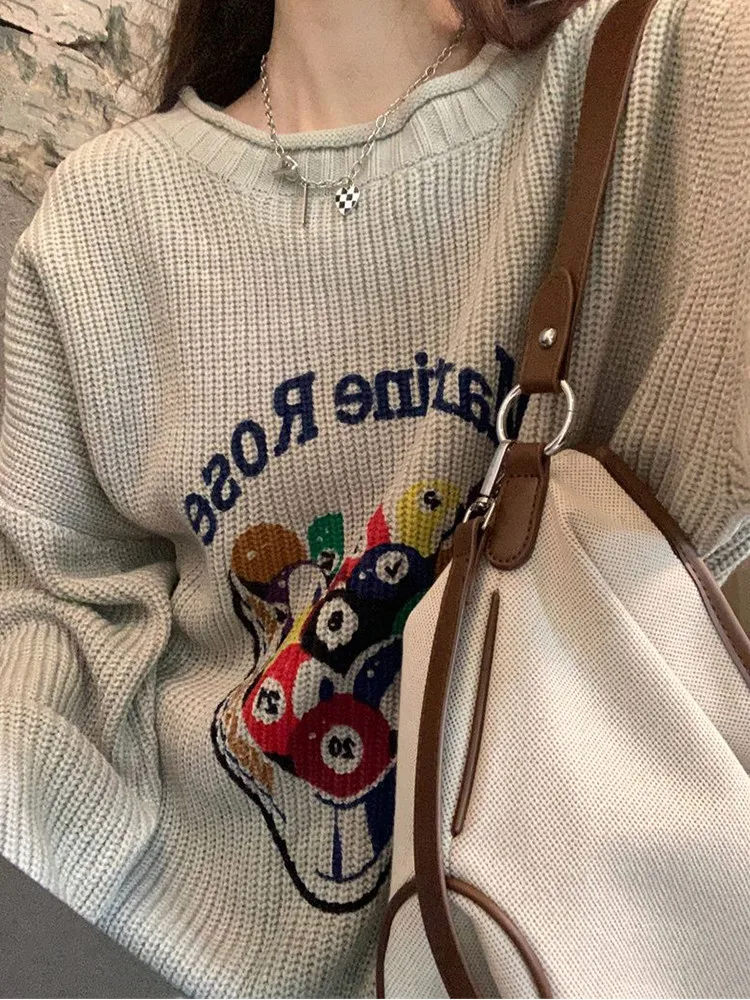 Pullover maglione da donna con isolamento termico per esterni Harajuku retrò con motivo a lettera a sfera piccola