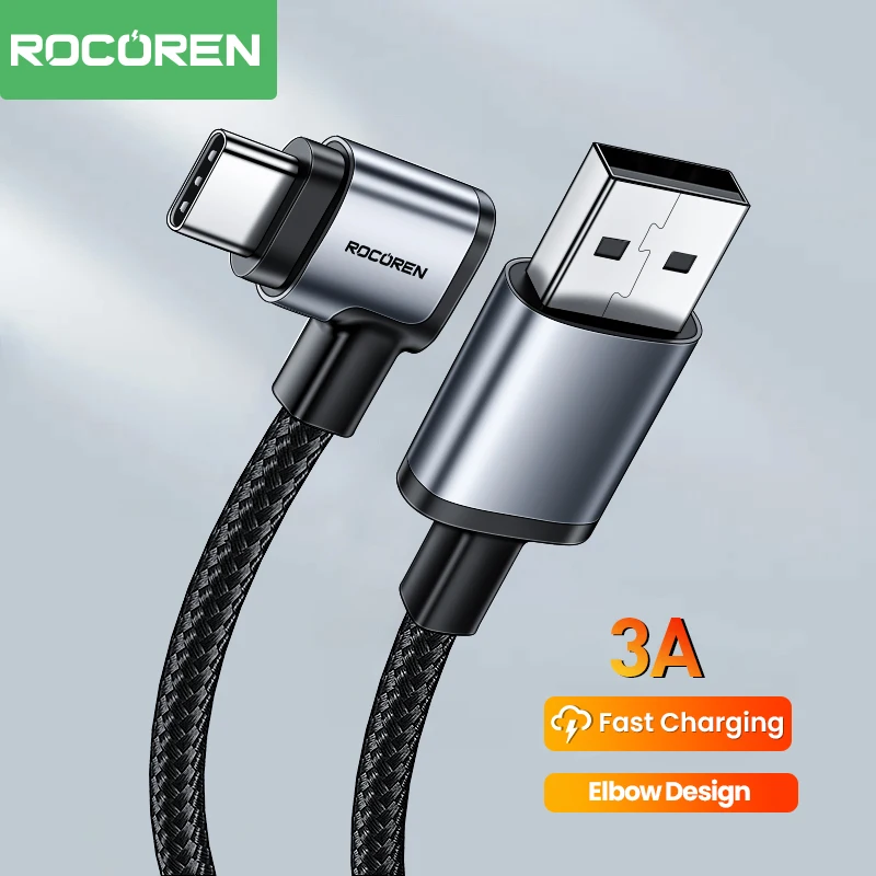 Rocoren 3A 90 Degree USB Type C Cable QC 3.0 Fast Charging Wire For Mobile Phone Samsung Huawei Xiaomi Charging Elbow Data Cord