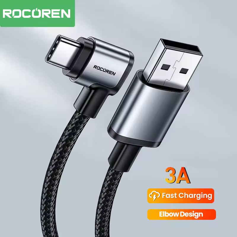 Rocoren 3A 90-Grad-USB-Typ-C-Kabel QC 3.0 Schnellladekabel für Mobiltelefon Samsung Huawei Xiaomi Lade-Ellenbogen-Datenkabel